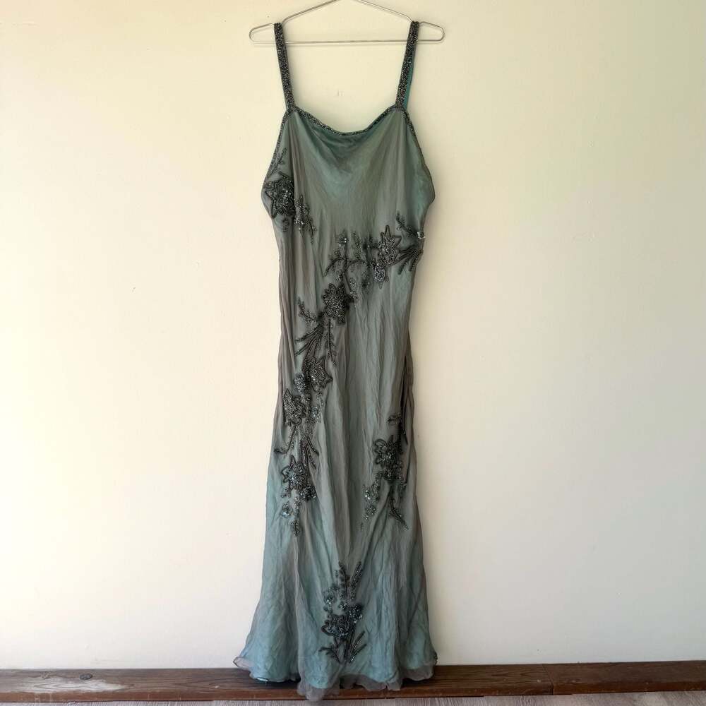 Vintage Scala 100% Silk Beaded Floral Maxi Dress Gunmetal Teal Plus Size 2X